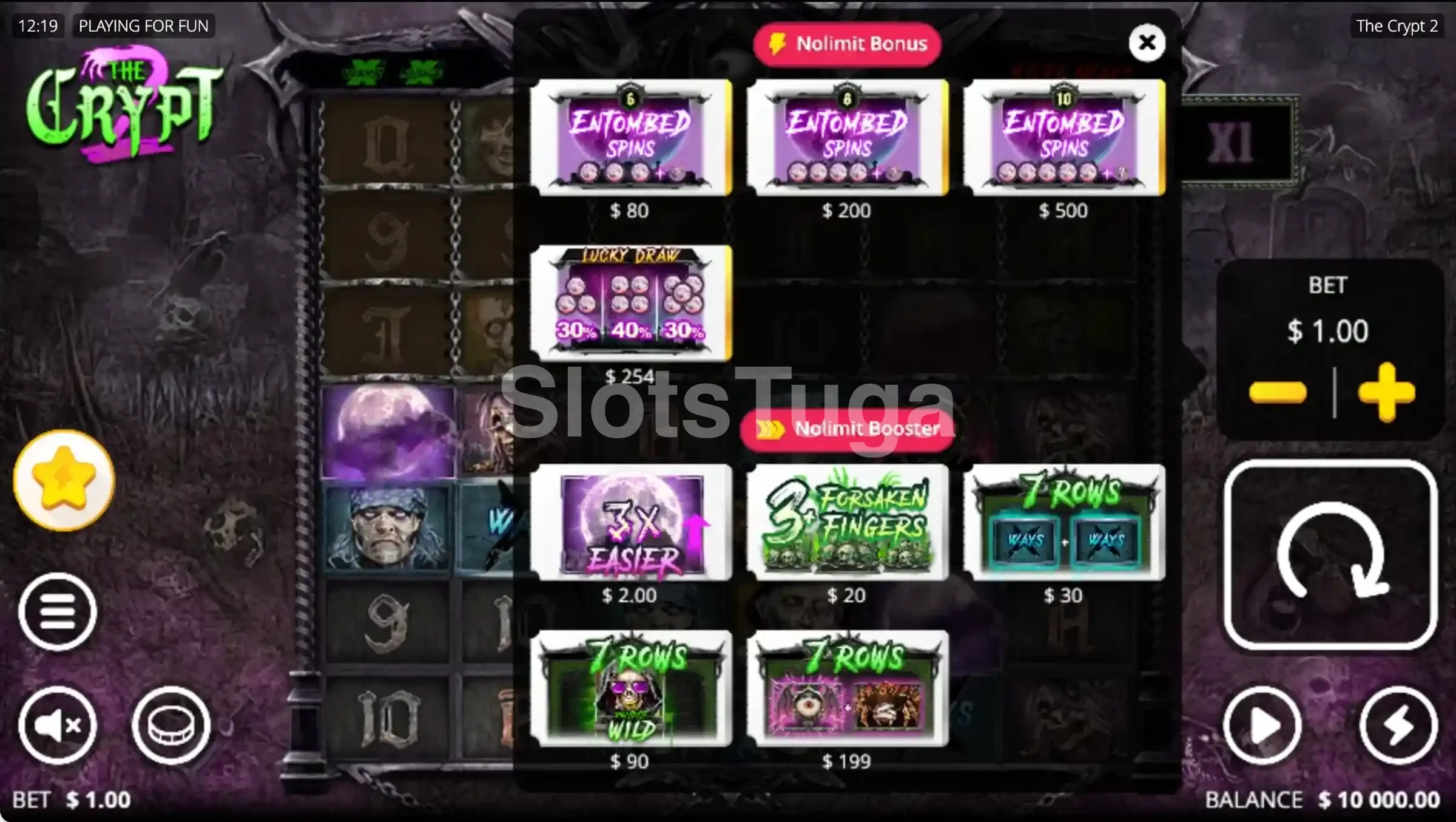 O menu de The Crypt 2 numa aposta de 1 €: cinco reforços entre 2 € e 199 € por baixo, e quatro compras entre 80 € e 500 € por cima.