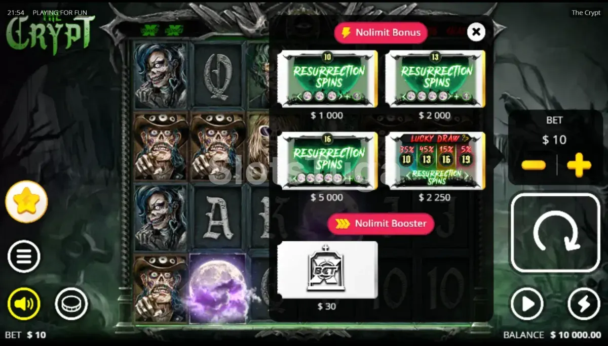 Interface de Bonus Buy do The Crypt com opções disponíveis