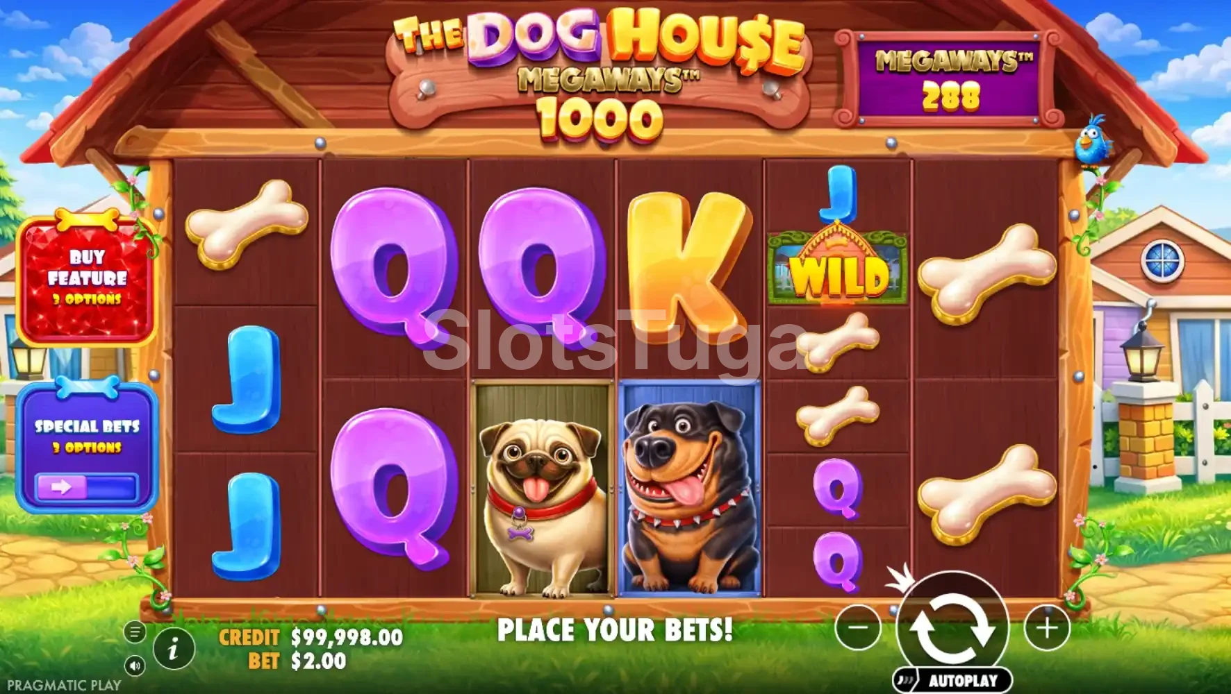 Jogo base do The Dog House Megaways 1000 com grid Megaways e cachorros fofos