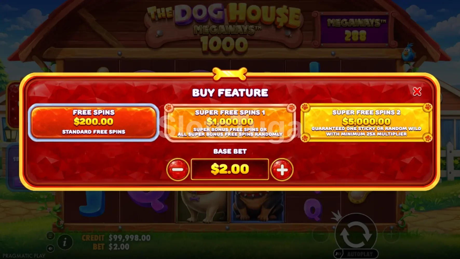 Menu de compra de bônus do The Dog House Megaways 1000 com opções de Super Free Spins