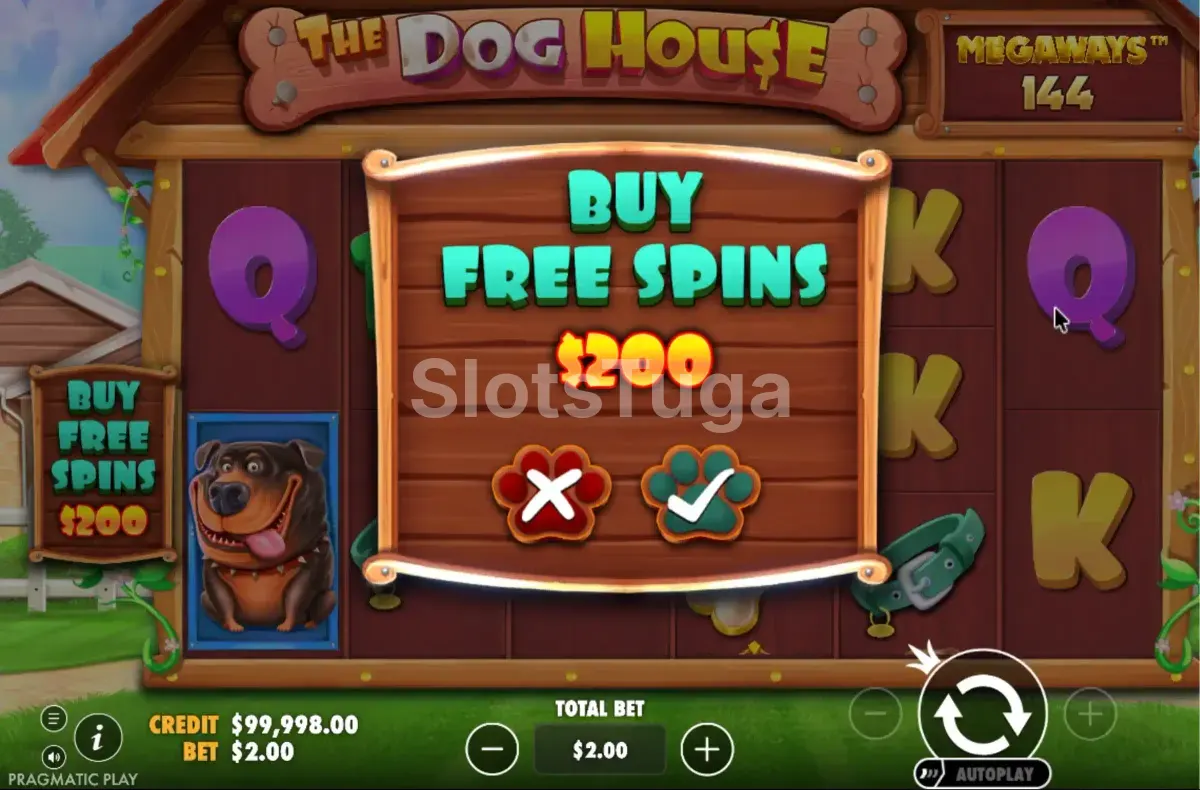 O ecrã de confirmação de The Dog House Megaways: comprar as rodadas grátis custa 200 € com a aposta de 2 € activa, exactamente cem vezes a aposta.
