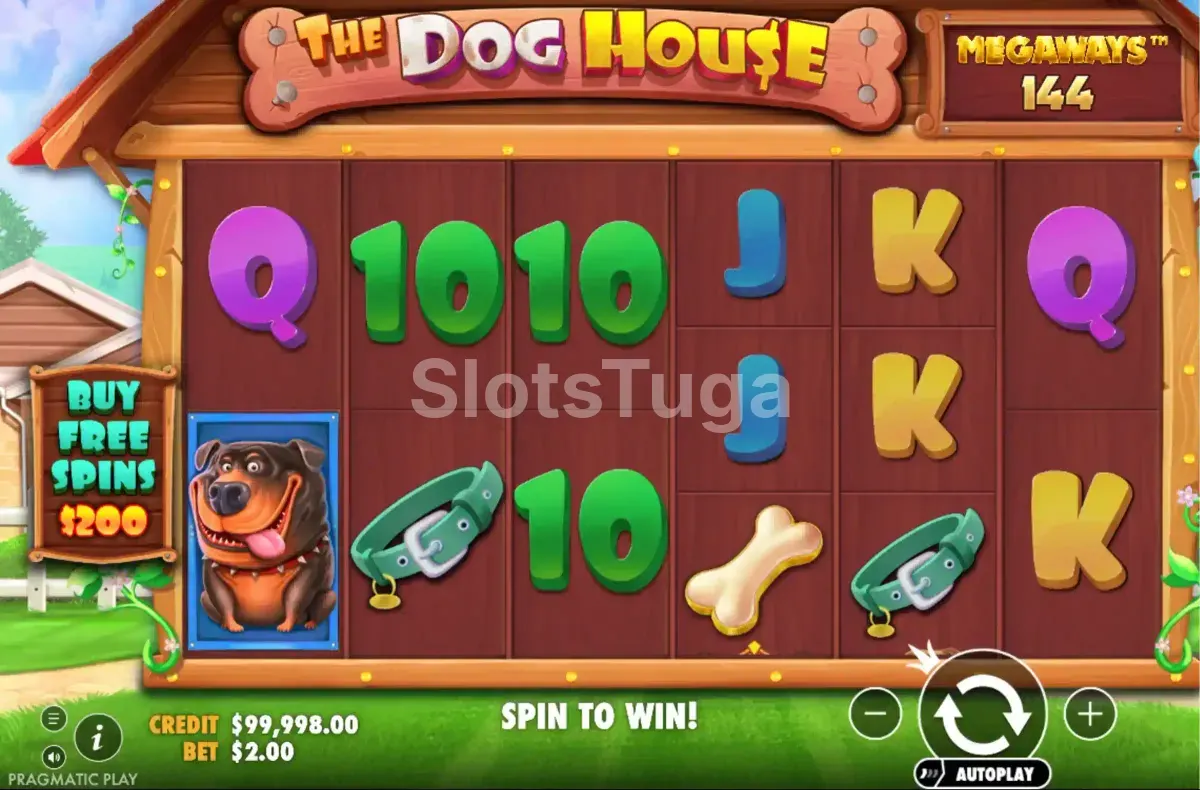 The Dog House Megaways em jogo base: seis rolos de altura variável dentro do canil de madeira, com um rottweiler de língua de fora, coleiras verdes, um osso e o contador de 144 formas de ganhar no canto superior direito.