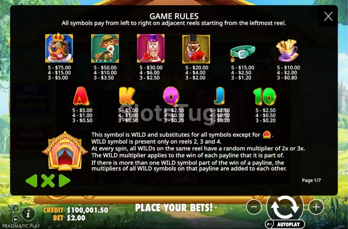 Tabela de pagamentos do The Dog House Royal Hunt com todos os símbolos e prêmios