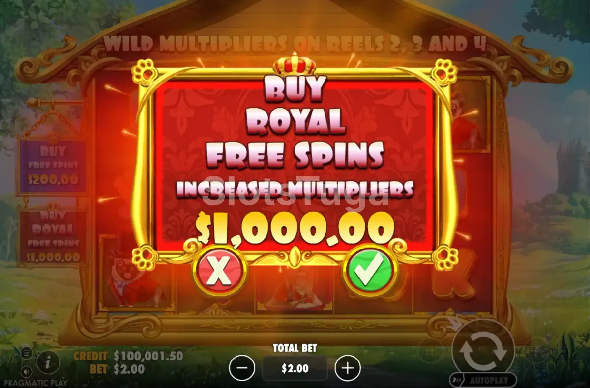 Tela de compra de bônus do The Dog House Royal Hunt com opções disponíveis