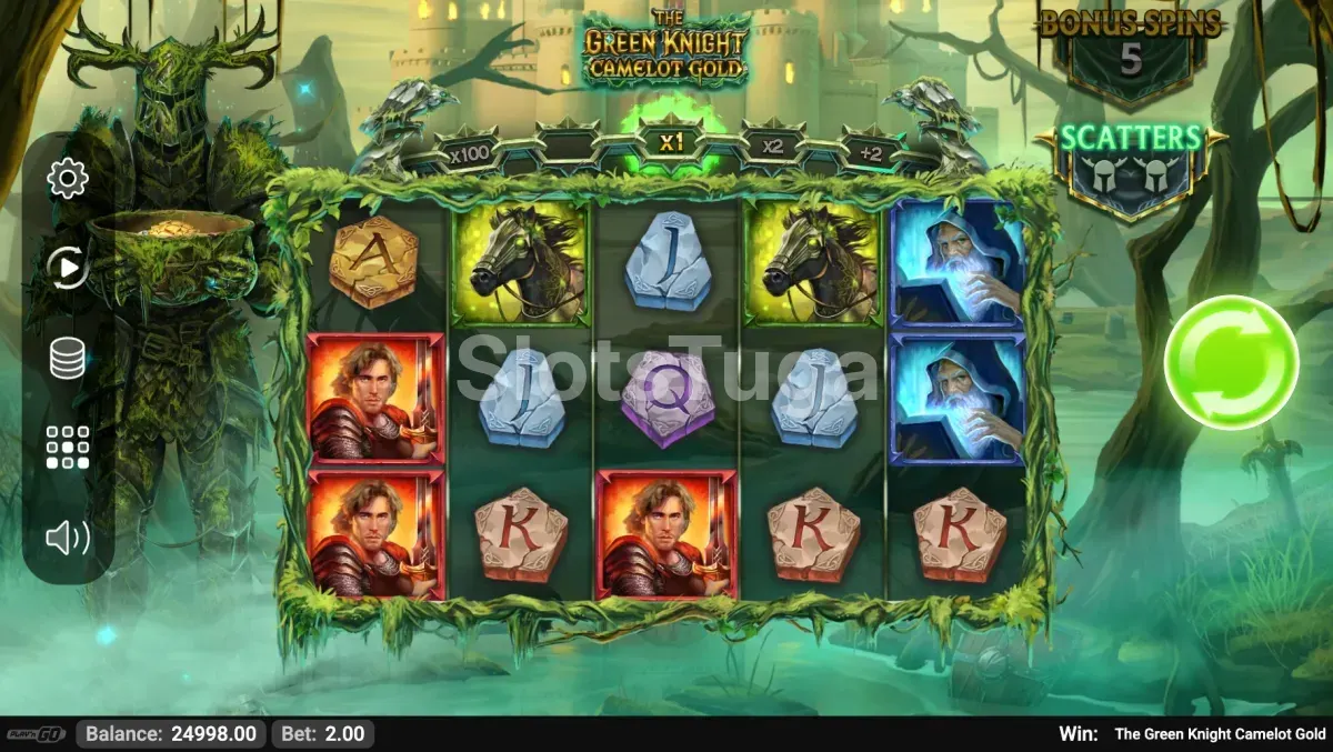 Jogo base de The Green Knight Camelot Gold com os cinco rolos e as três linhas de pagamento