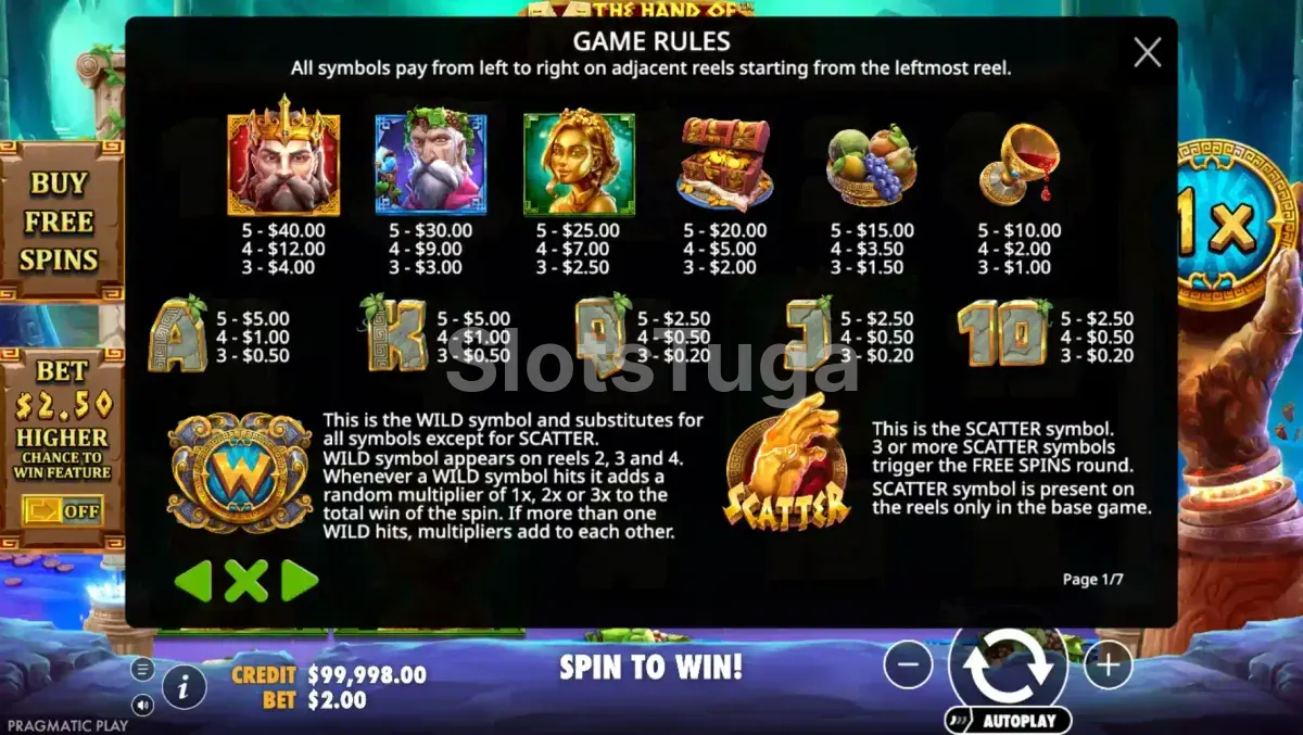 Tabela de pagamentos da slot The Hand of Midas Pragmatic Play