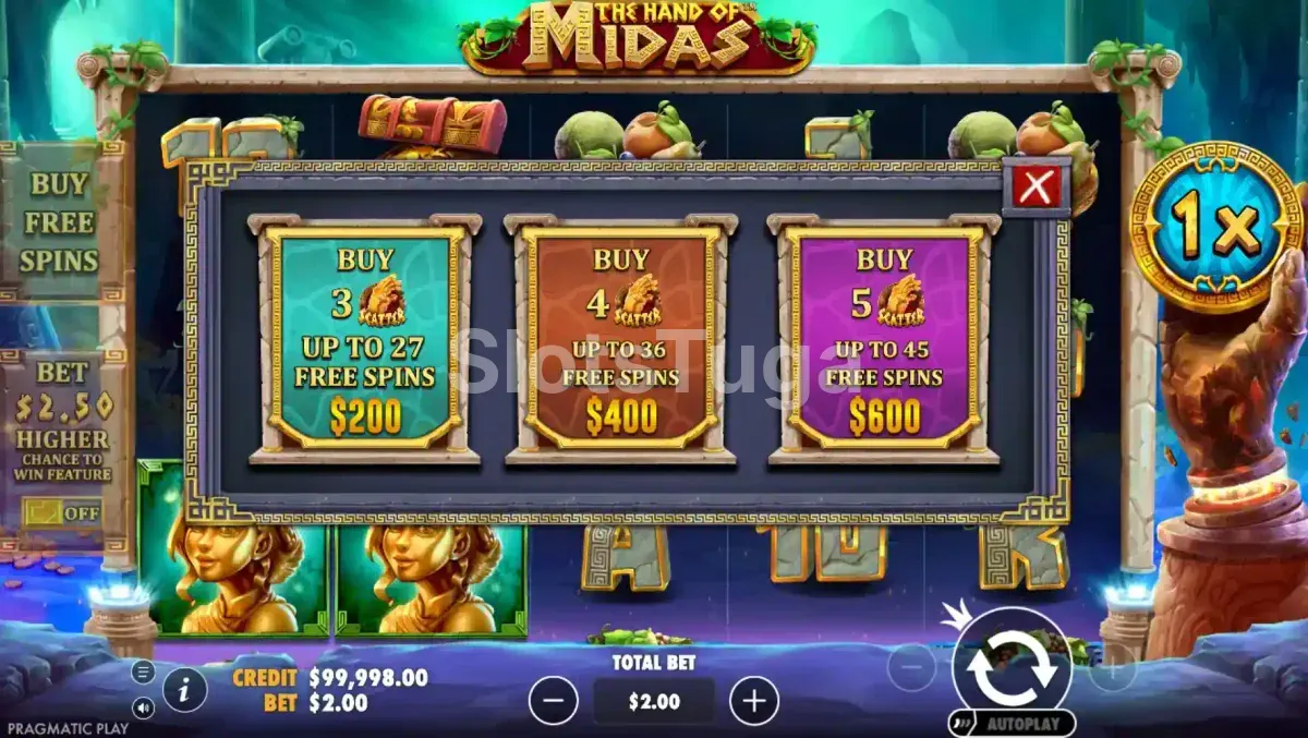 Tela de compra de bônus da slot The Hand of Midas Pragmatic Play