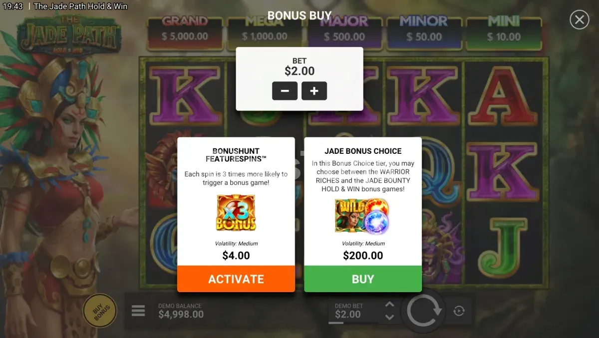 Ecrã de compra de bónus da The Jade Path Hold & Win