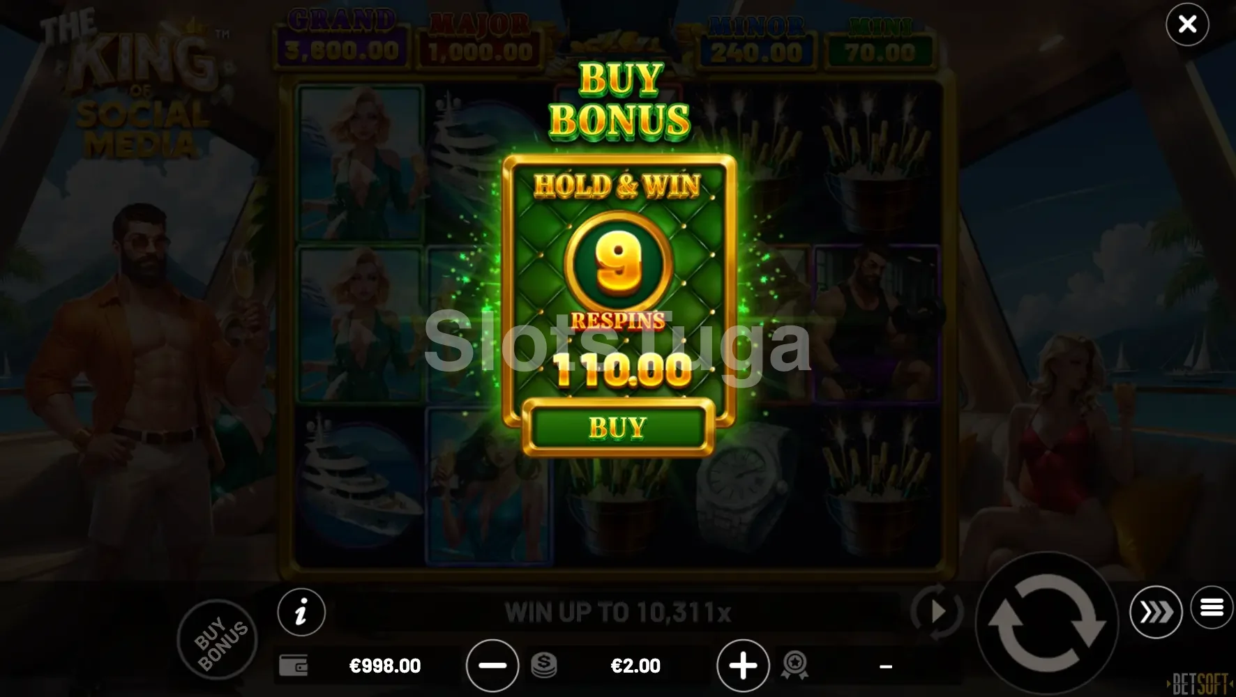 Tela de compra de bônus da slot The King of Social Media da Betsoft
