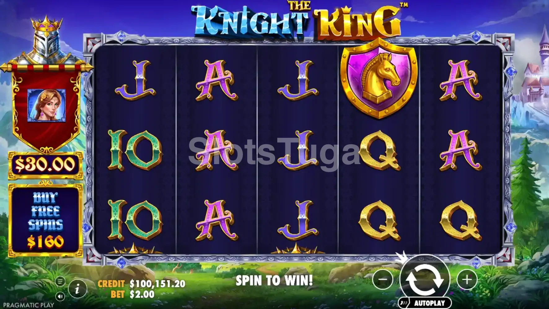Tela principal do jogo The Knight King com os rolos medievais ativos