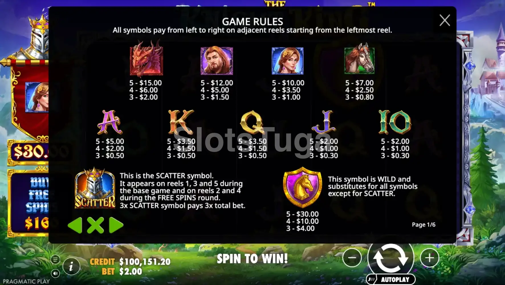 Tabela de pagamentos completa da slot The Knight King