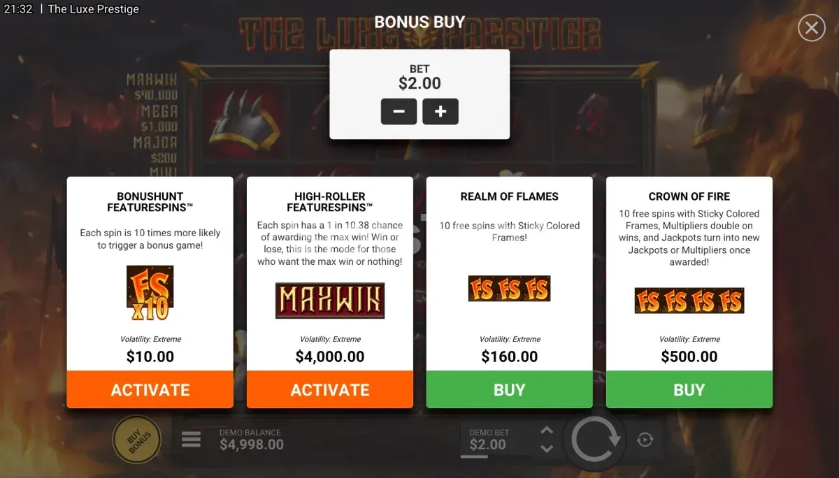 Menu de Bonus Buy de The Luxe Prestige com os modos de compra
