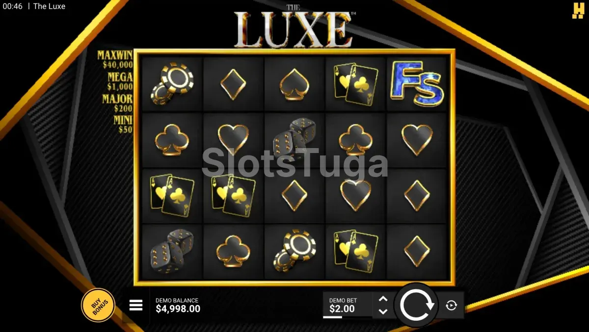Tela principal do jogo The Luxe com tema preto e dourado