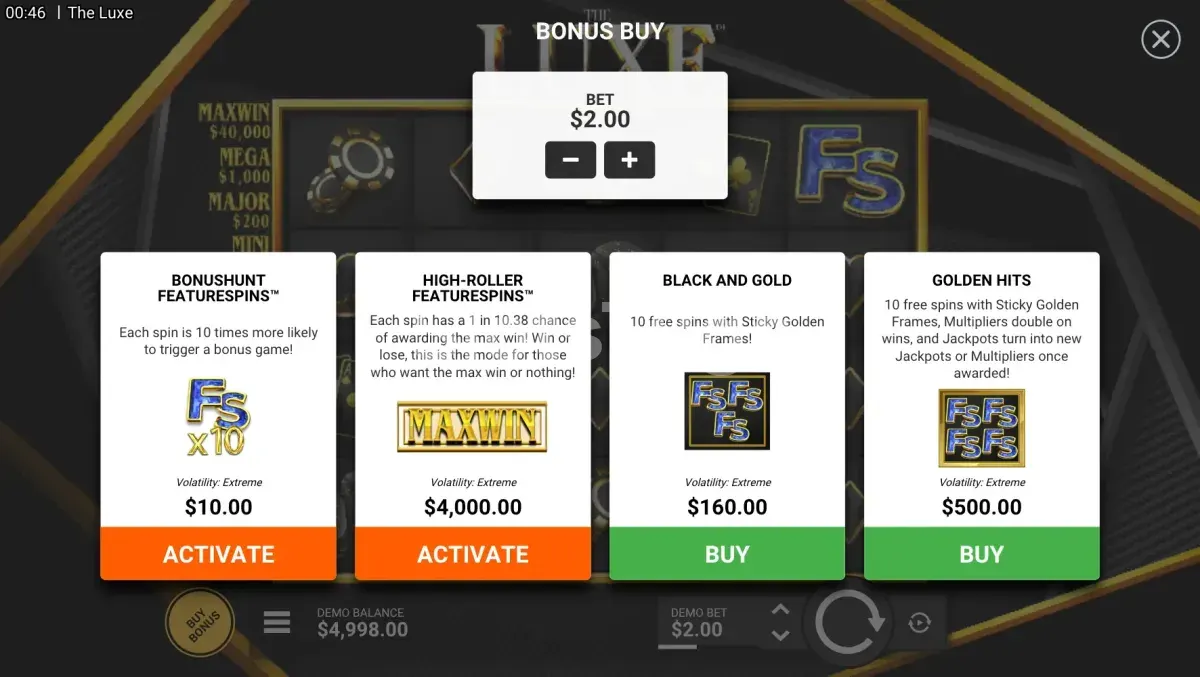 Opções de compra de bônus na slot The Luxe da Hacksaw Gaming