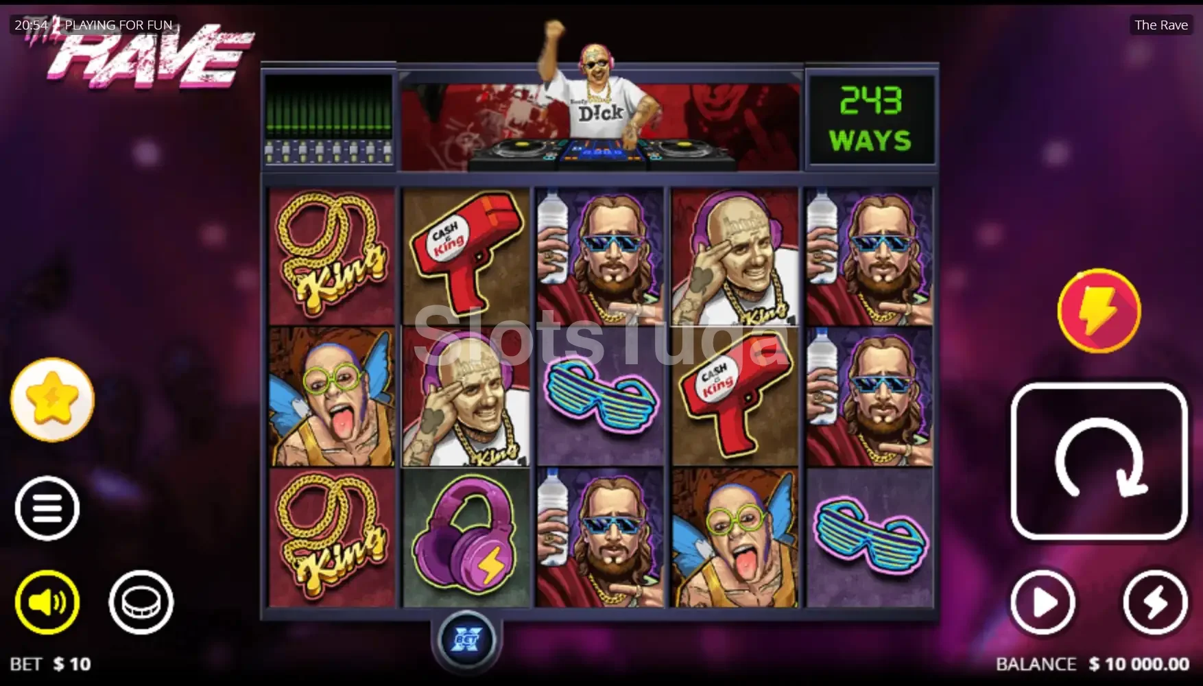 Jogo base da slot The Rave com rolos iluminados e visual de festival