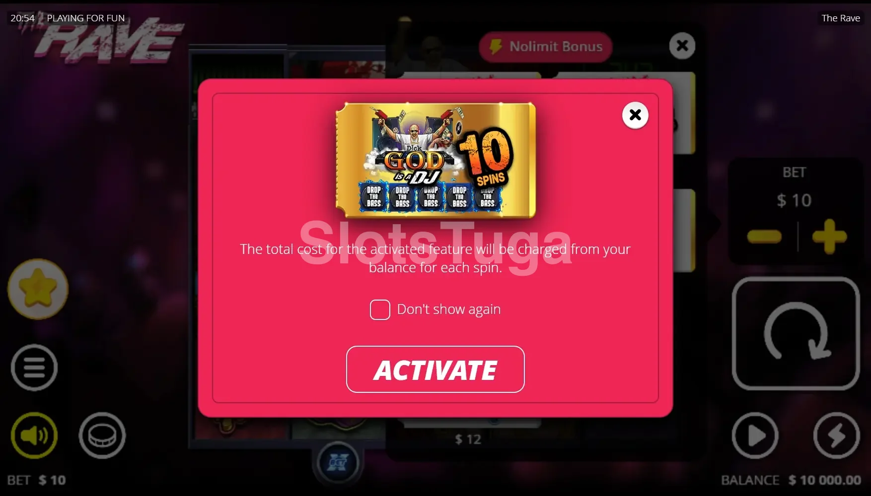 Tela de compra de bônus da slot The Rave com opções disponíveis