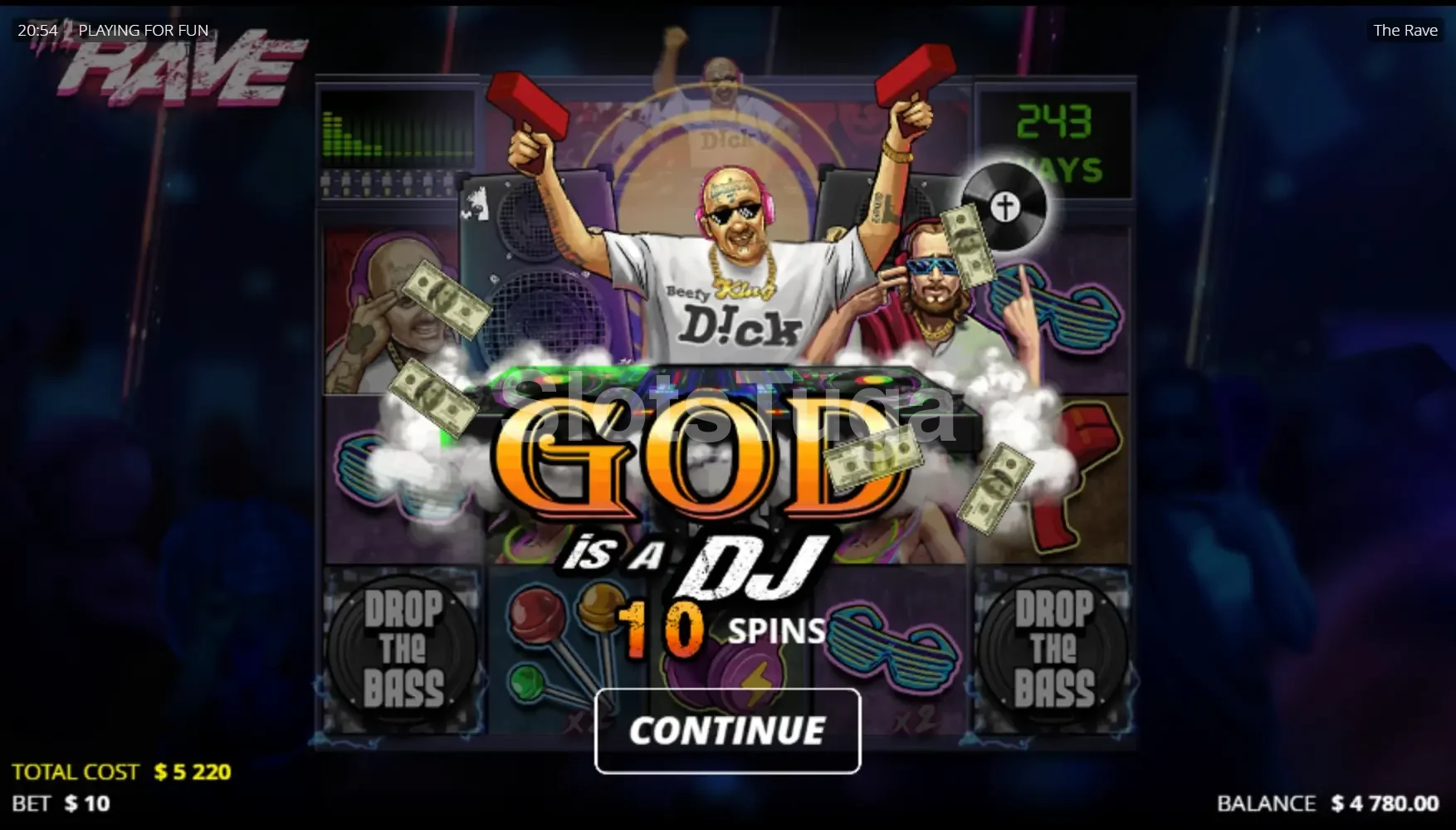 Rodada de free spins da slot The Rave com multiplicadores acumulados