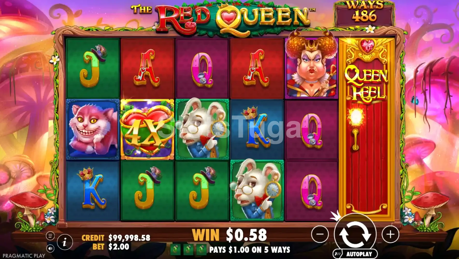 Segundo jogo base da slot The Red Queen mostrando o sexto rolo ativo