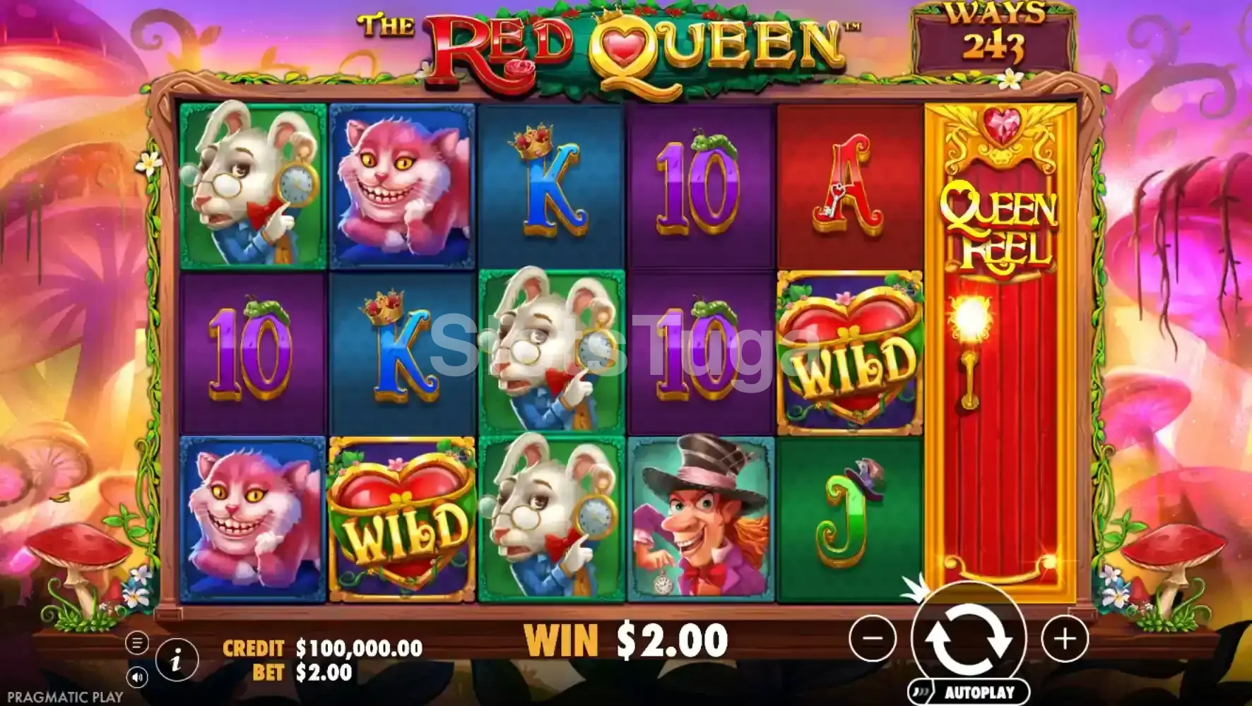 Jogo base da slot The Red Queen com símbolos mágicos