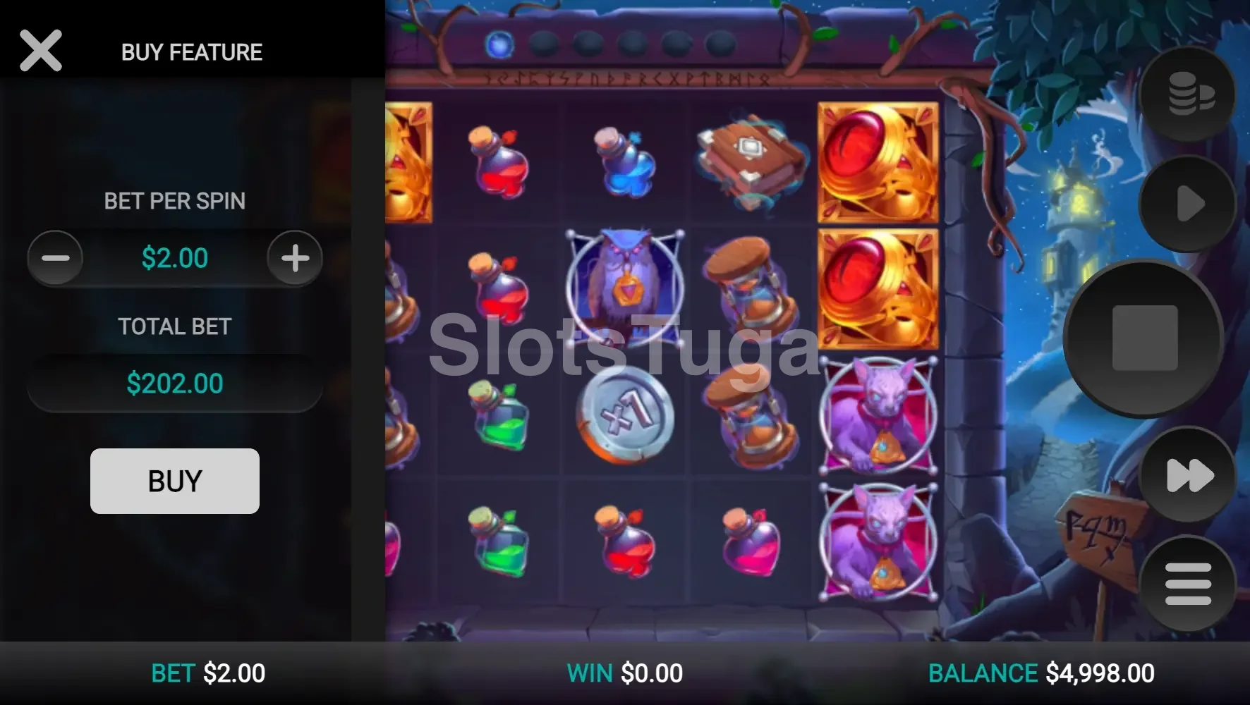 Tela de compra de bônus do The Sorcerers Shuffle com opção Bonus Buy