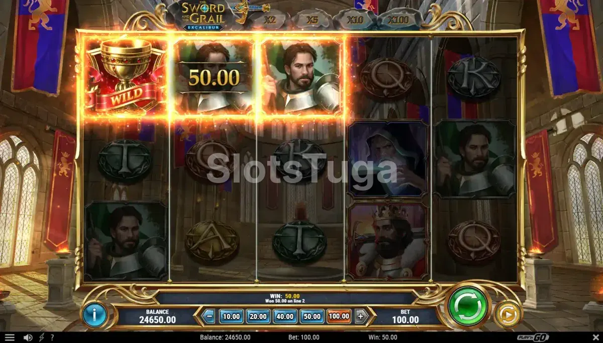 Resultado de giro no The Sword and the Grail Excalibur com wild multiplicador ativo