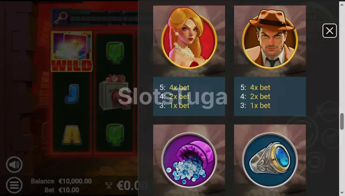 Tabela de pagamentos da The Vault Chase mostrando os símbolos e valores