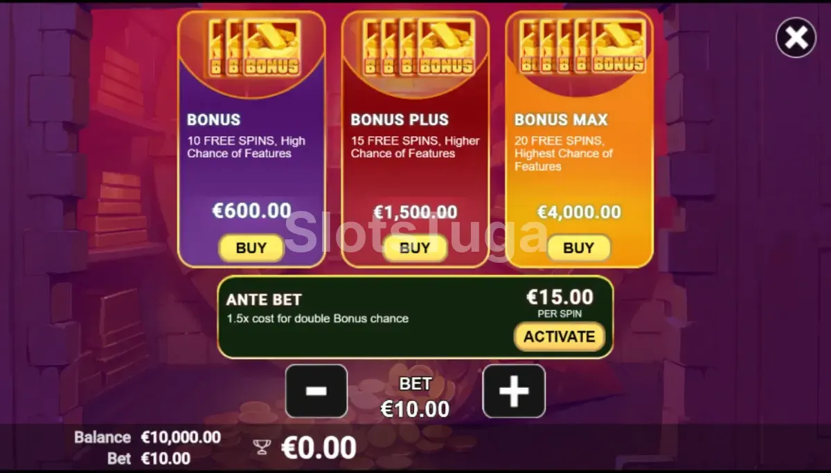 Tela de compra de bônus da The Vault Chase com as opções disponíveis