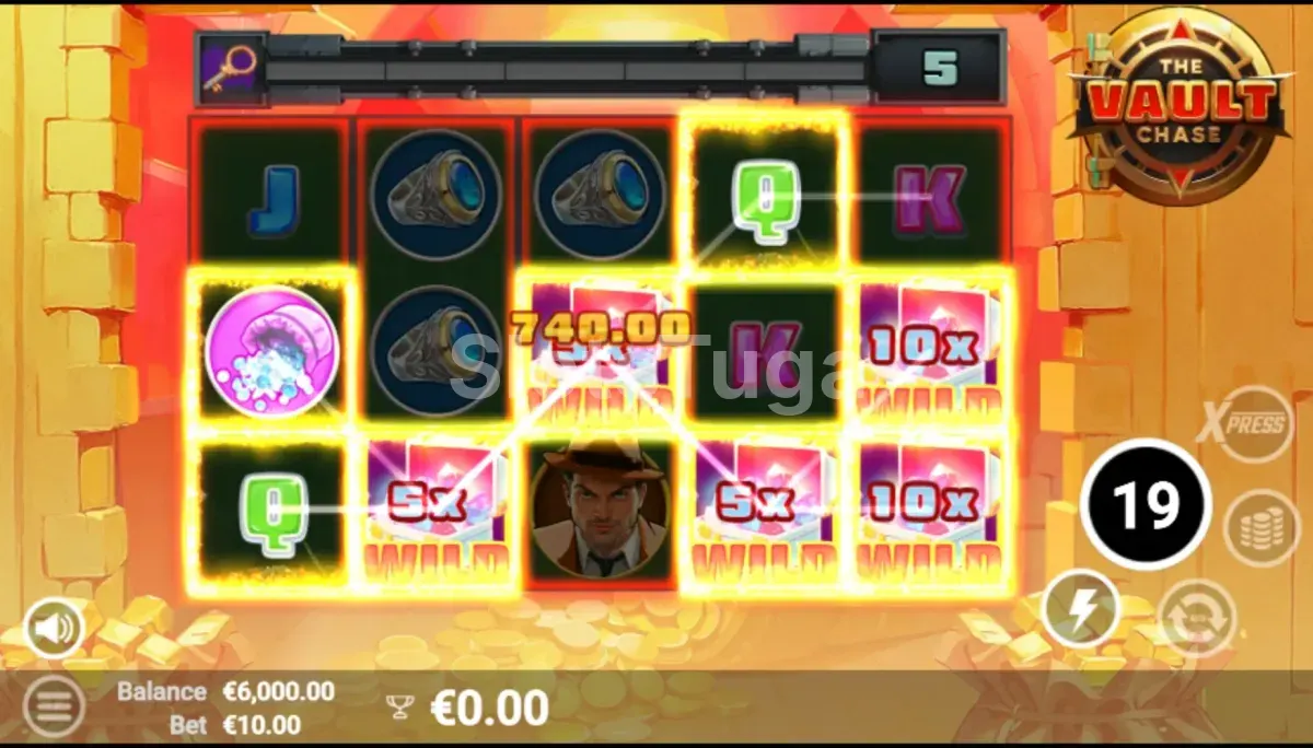 Free spins da The Vault Chase com multiplicadores ativos e wilds na tela