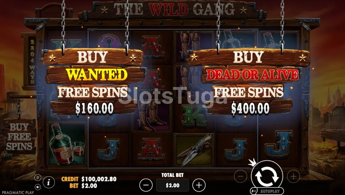 Tela de compra de bônus do The Wild Gang com opções de Wanted e Dead or Alive