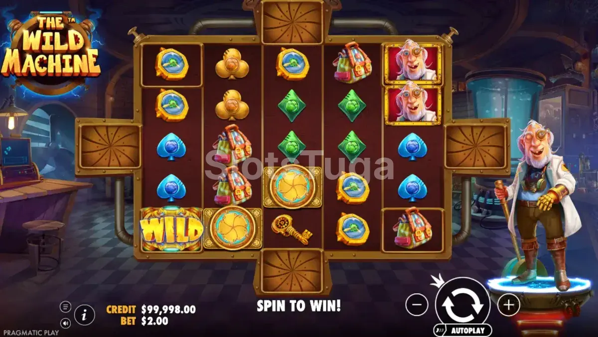 Jogo base de The Wild Machine com laboratório e cientista maluco