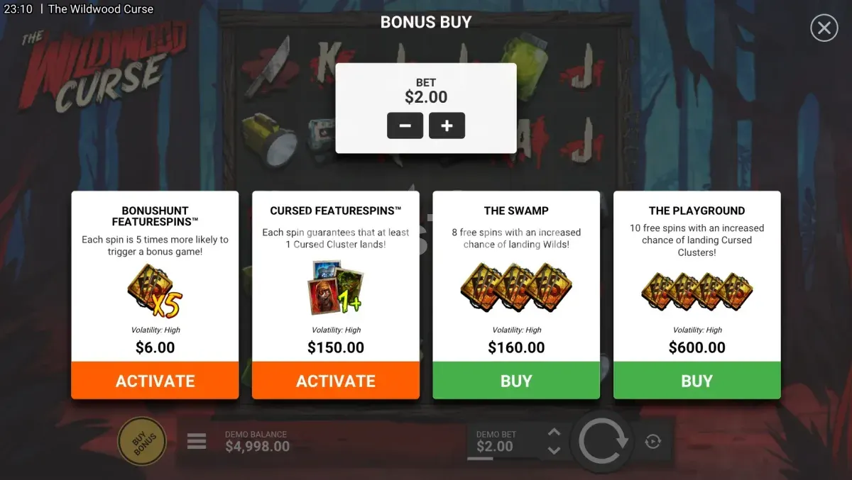Menu de compra de bônus em The Wildwood Curse