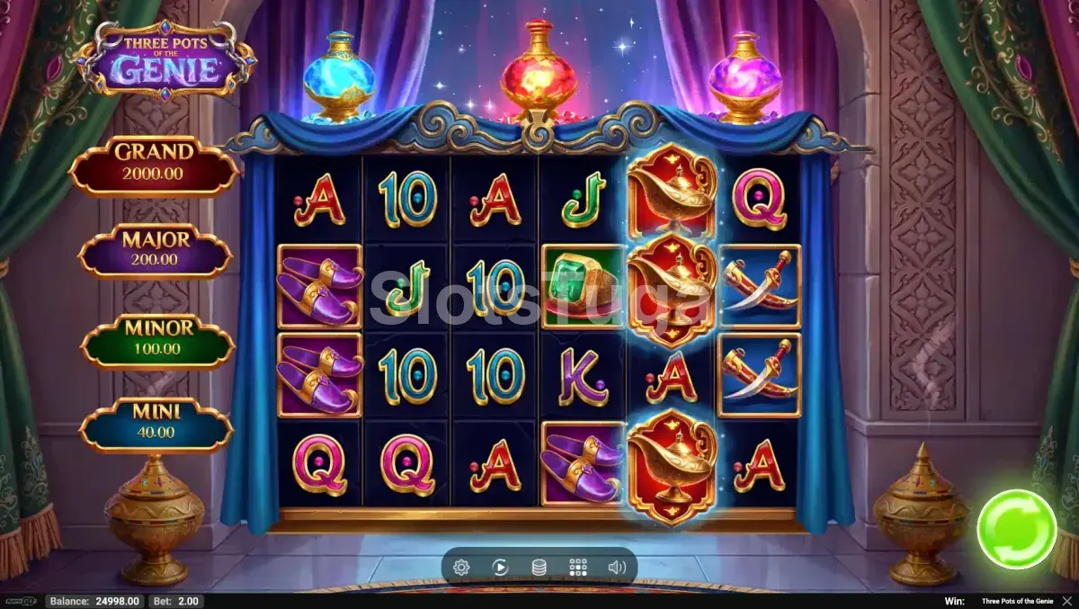 Jogo base da slot Three Pots of The Genie com rouleaux e potes coloridos