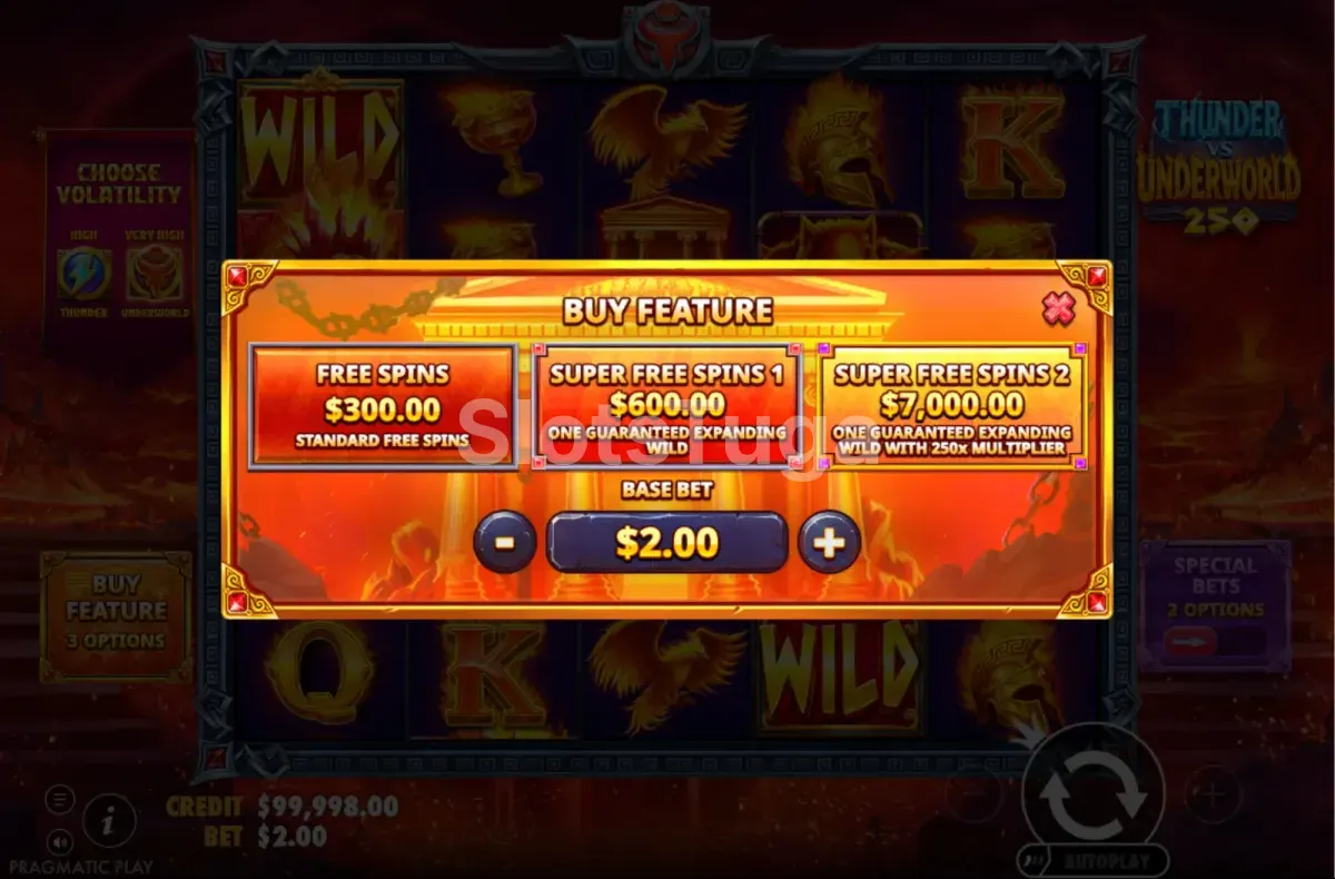 Ecrã de compra de bónus de Thunder vs Underworld 250 com as várias opções de preço
