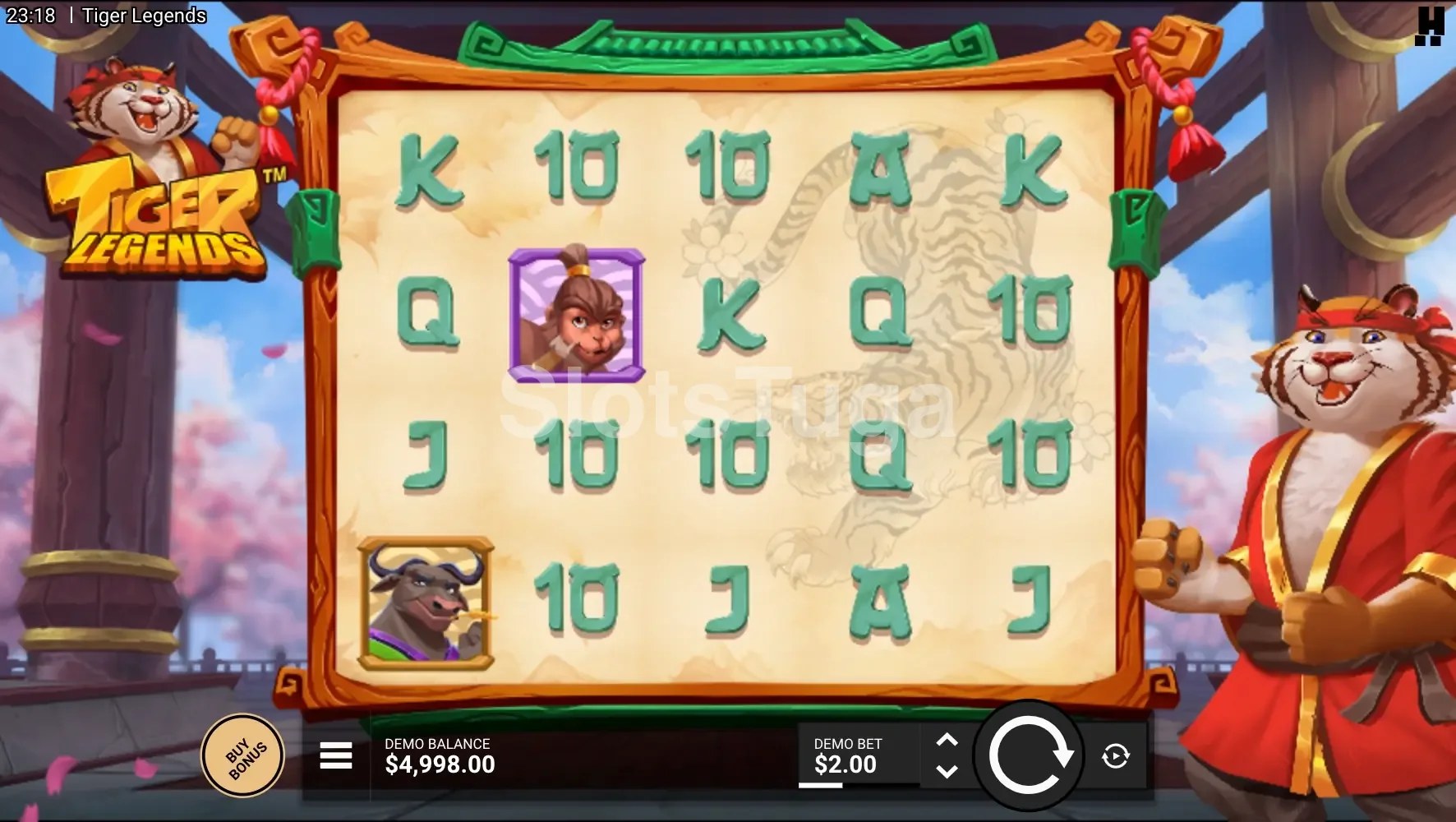 Jogo base da slot Tiger Legends com grade 5x4 e fundo de dojo