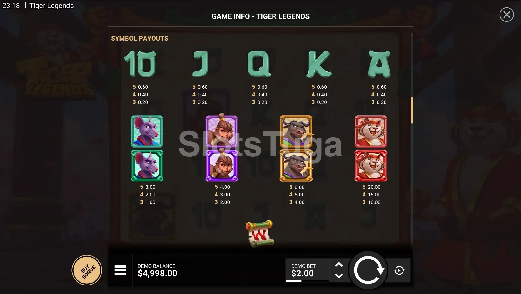 Tabela de pagamentos da slot Tiger Legends com todos os símbolos