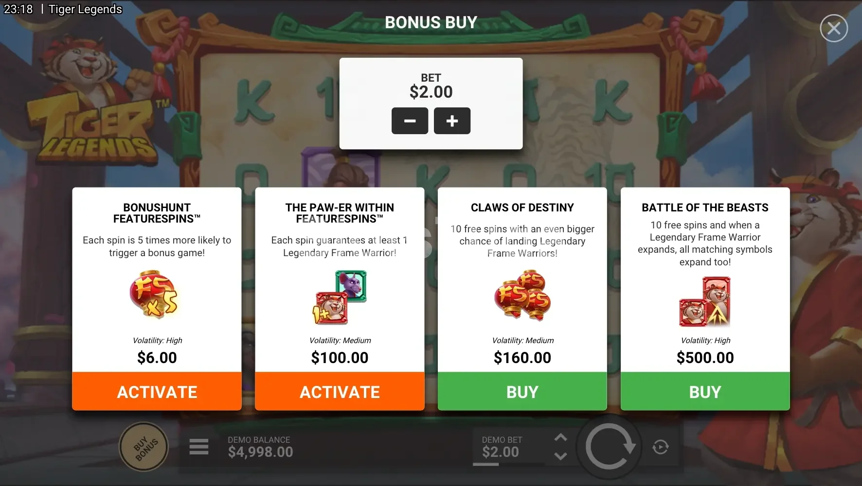 Menu de compra de bônus da slot Tiger Legends com quatro opções
