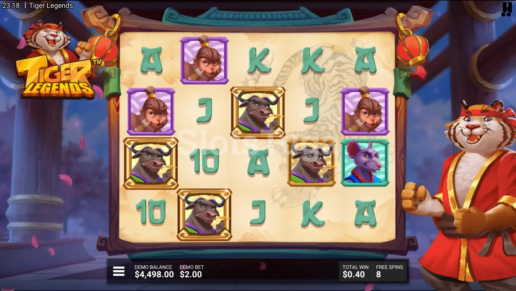 Tela de giros grátis da slot Tiger Legends com guerreiros expandidos