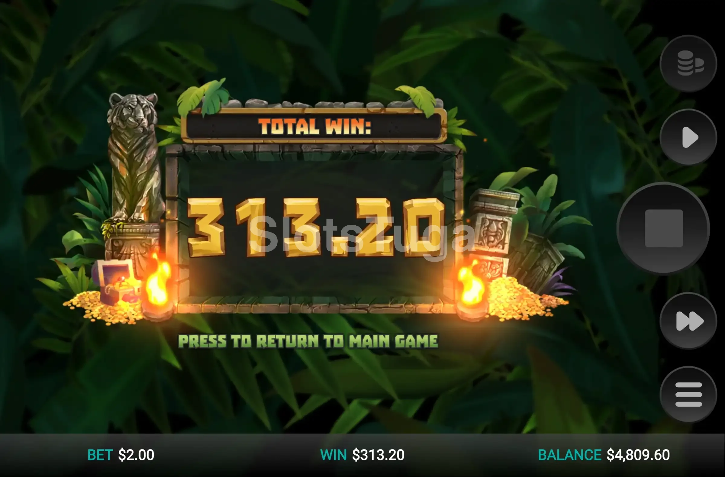 Grande vitória na Tiger Shrine com a animação de big win na tela