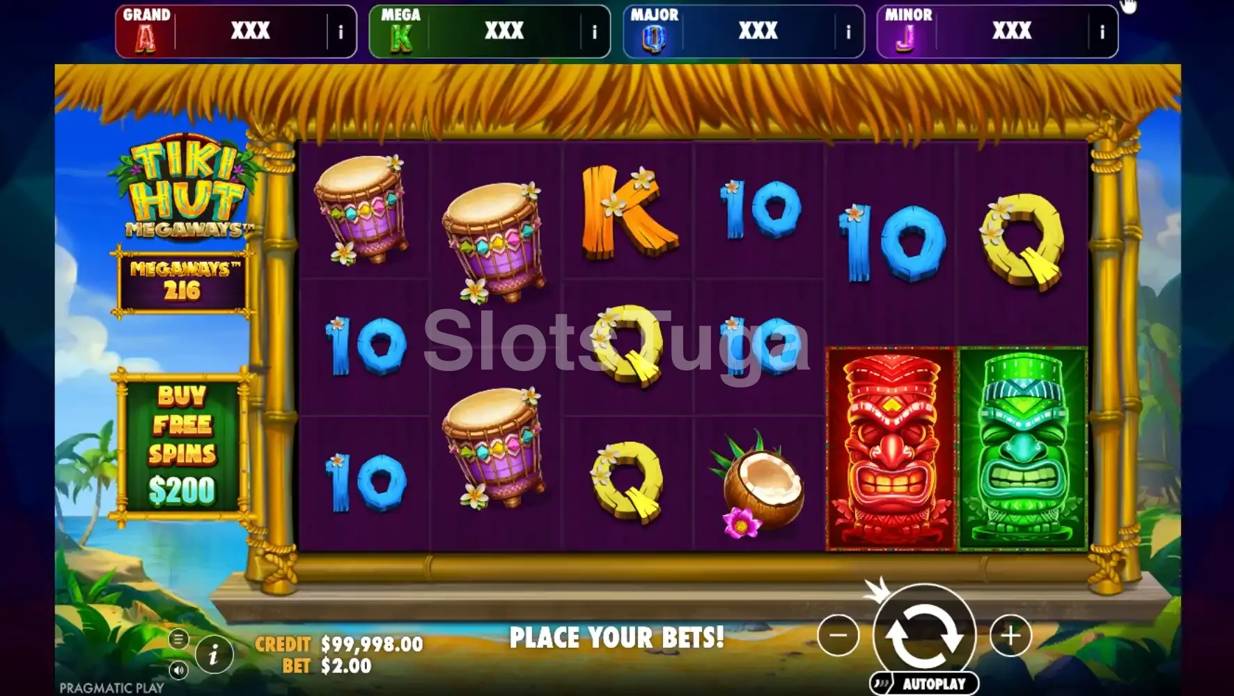 Jogo base da Tiki Hut Megaways com rouleaux ativos