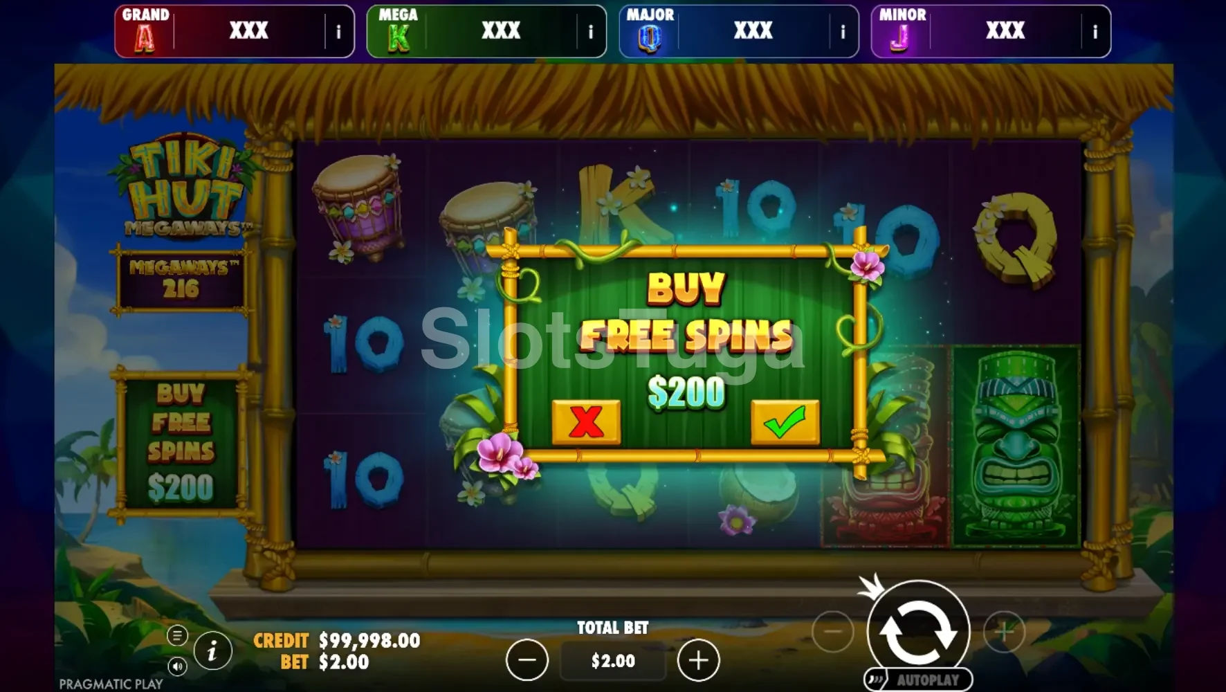 Tela de compra de bônus na Tiki Hut Megaways