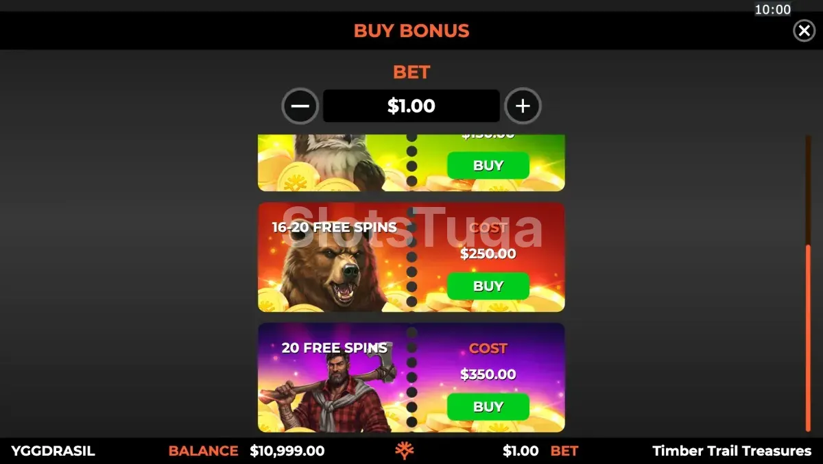 Tela de Bonus Buy da Timber Trail Treasures com opções de compra de rodadas grátis