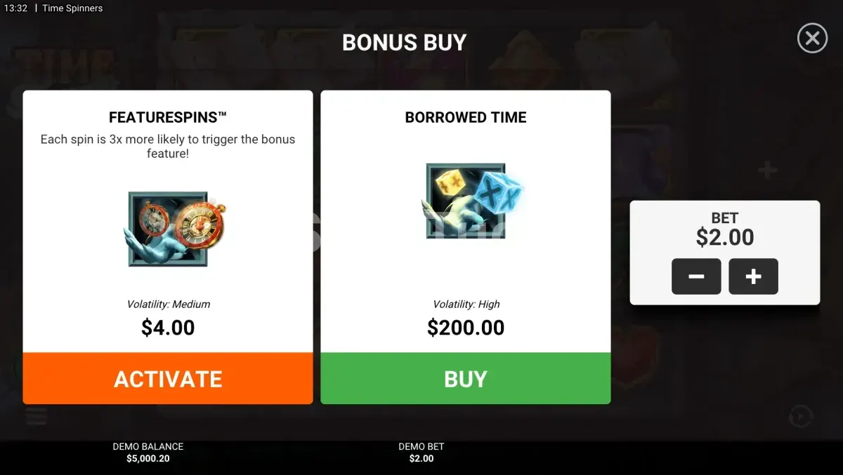 Tela de compra de bônus da slot Time Spinners com as opções disponíveis