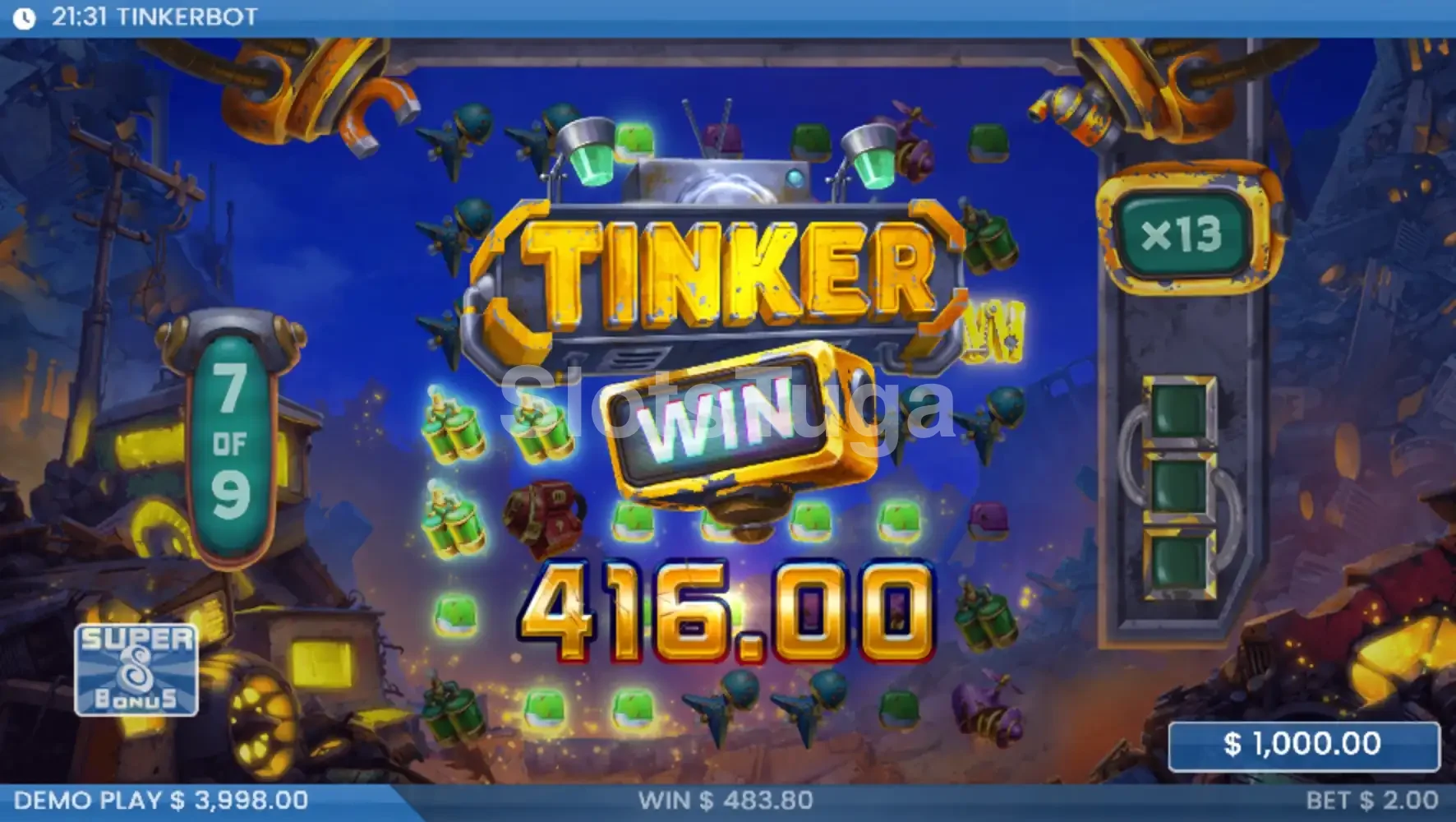 Grande vitória no Tinkerbot com multiplicador alto e muitos símbolos na tela