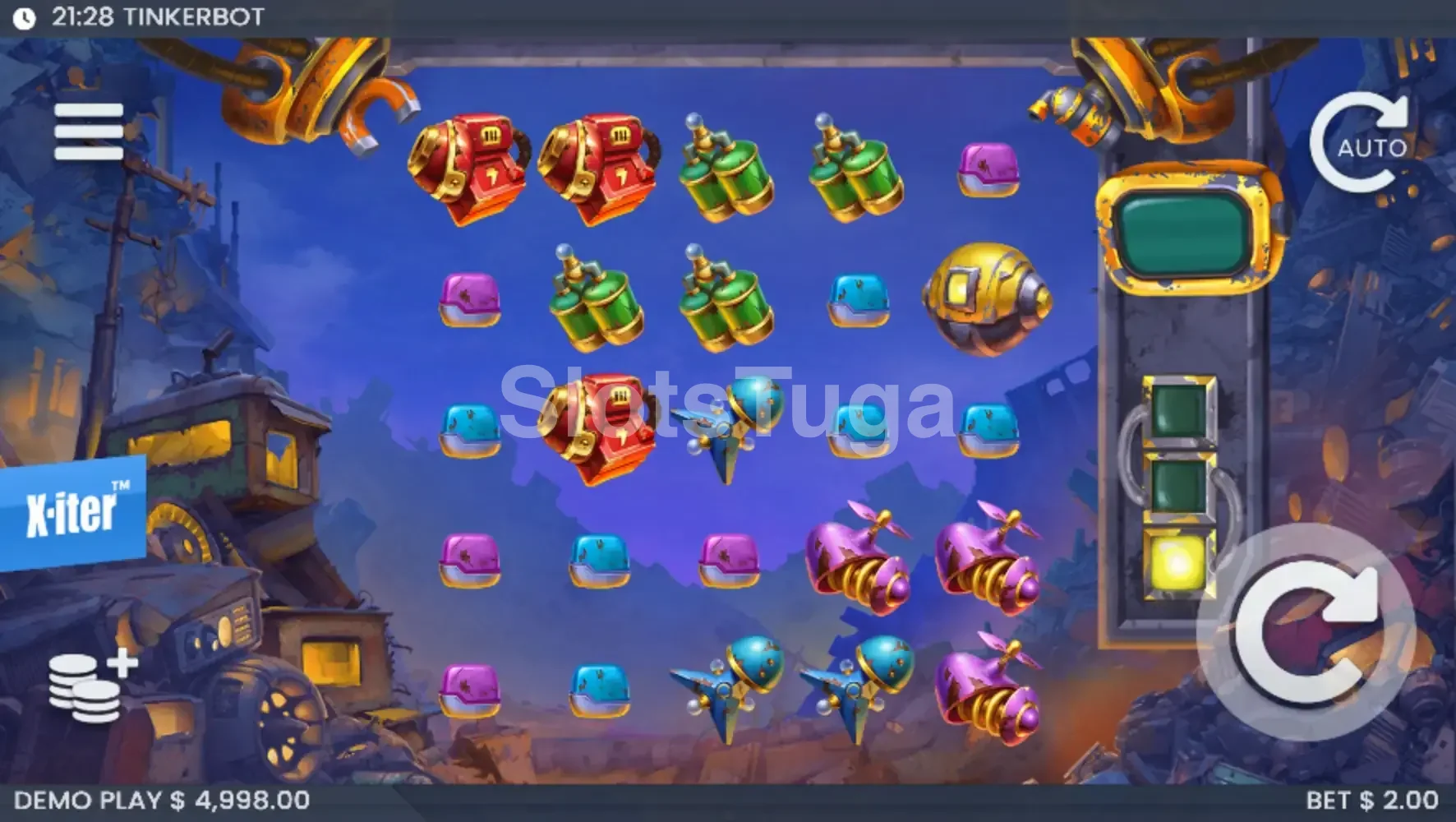 Tela principal do jogo Tinkerbot com grade 5x5 e símbolos coloridos
