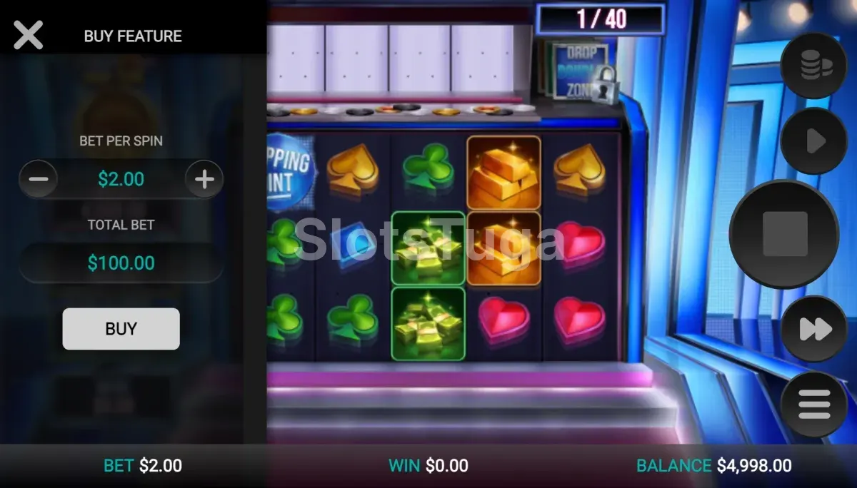 Ecrã de Bonus Buy de Tipping Point Drop Zone com o custo em multiplicador da aposta