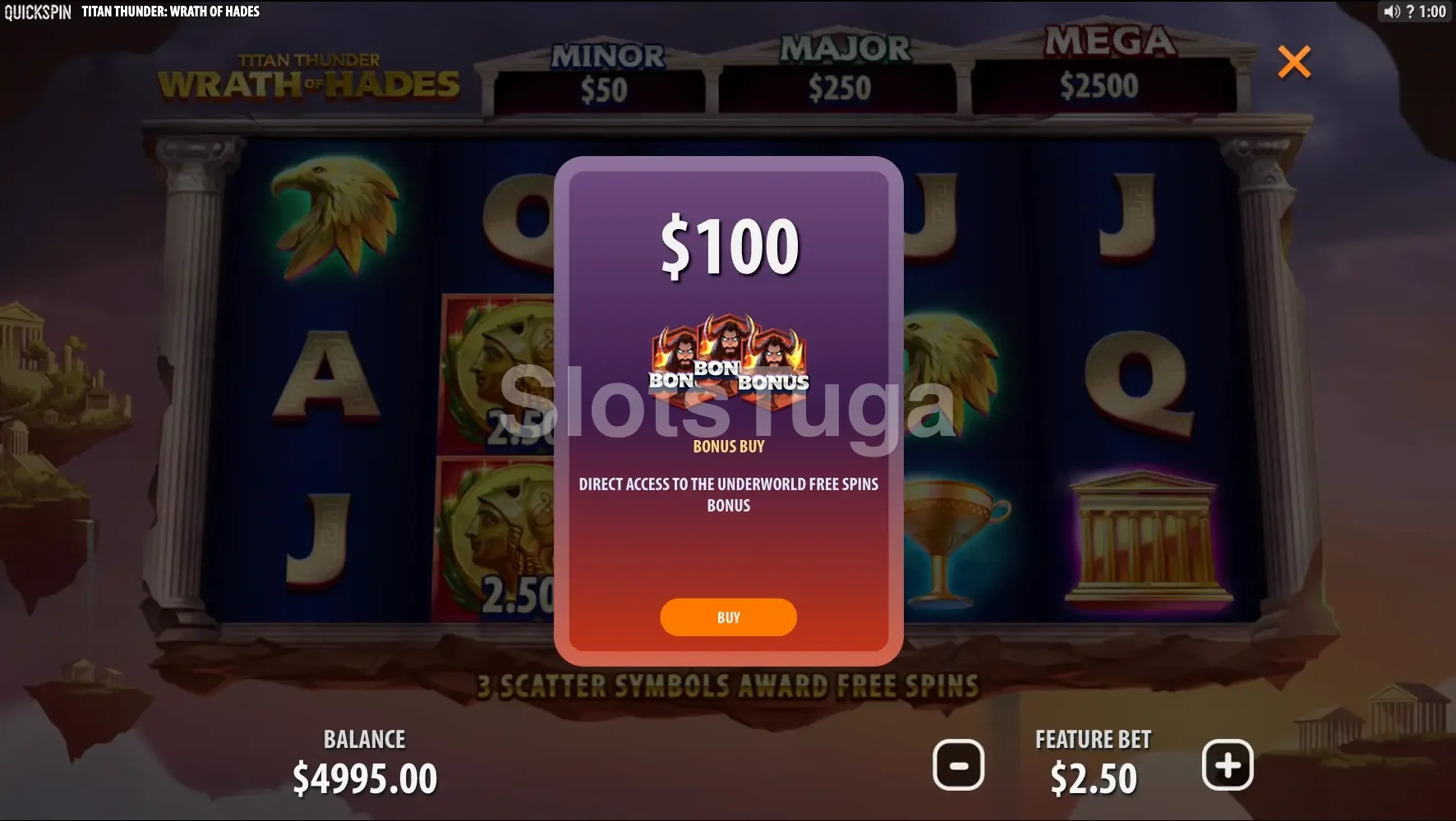 Tela de compra de bônus do Titan Thunder Wrath of Hades com opção de 40x a aposta