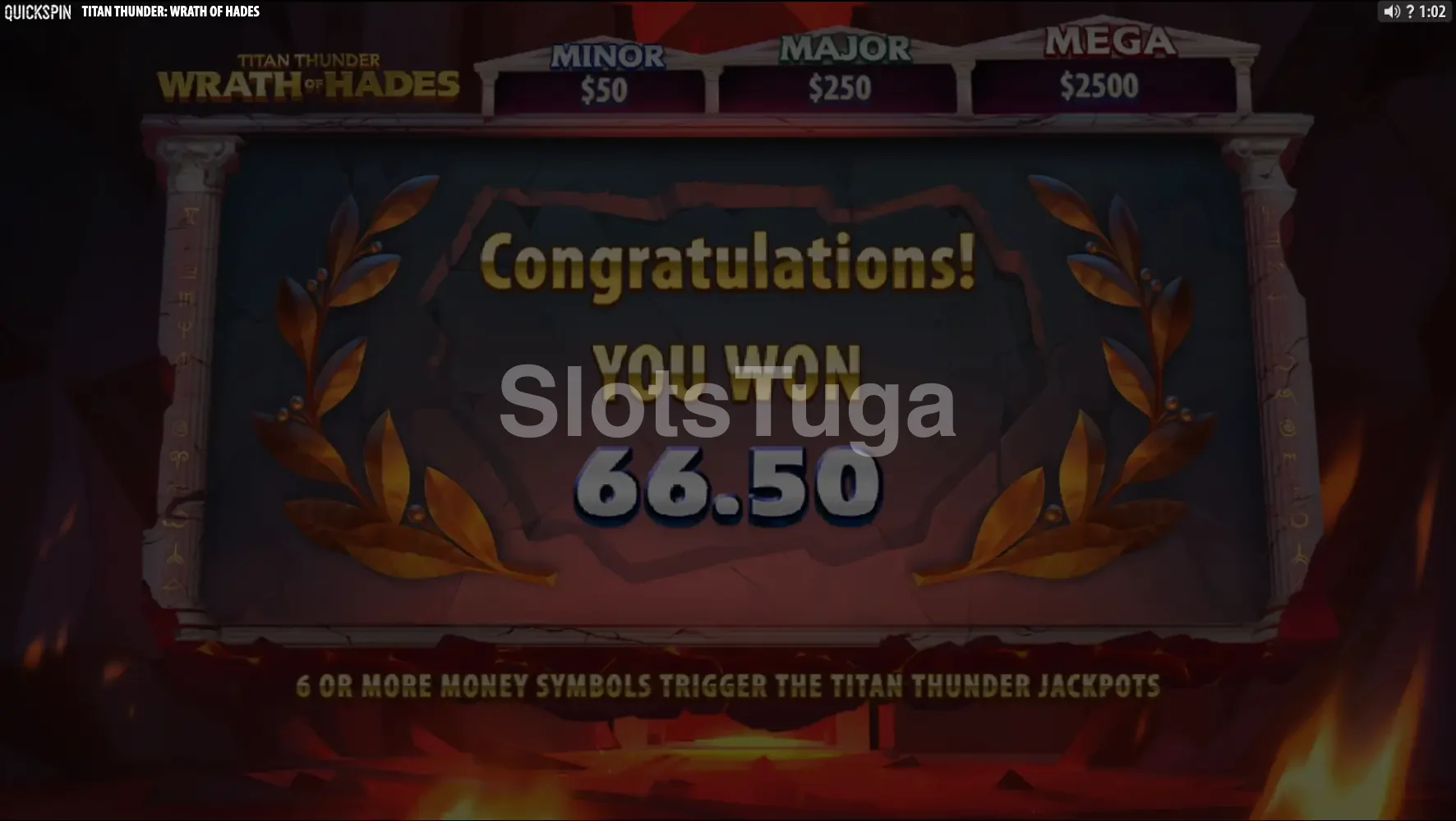 Grande vitória na slot Titan Thunder Wrath of Hades com animação de celebração na tela