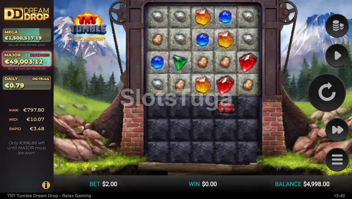 Gameplay principal da TNT Tumble Dream Drop com grid de mineração