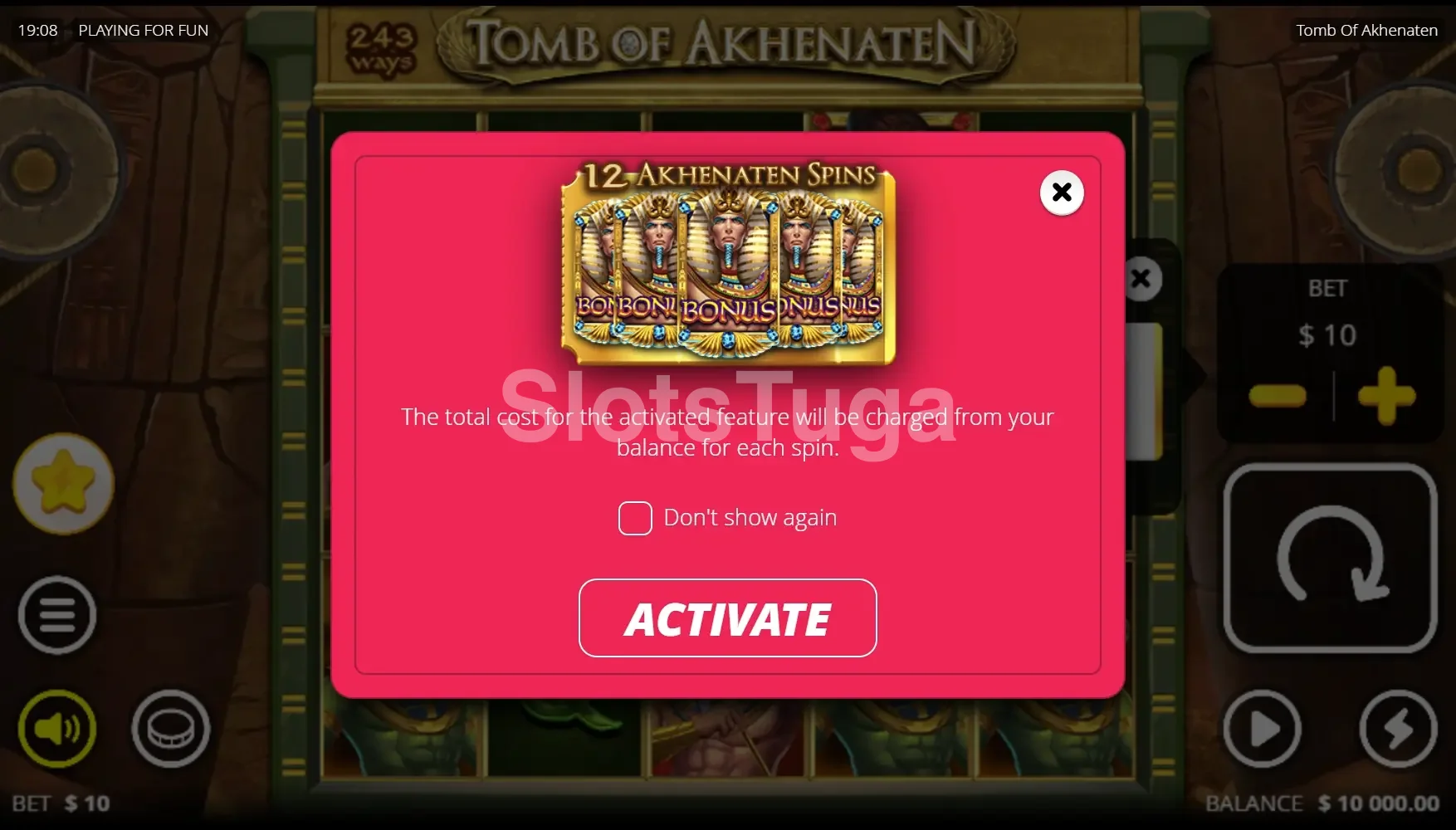 Tela de compra de bônus da Tomb of Akhenaten com opções disponíveis