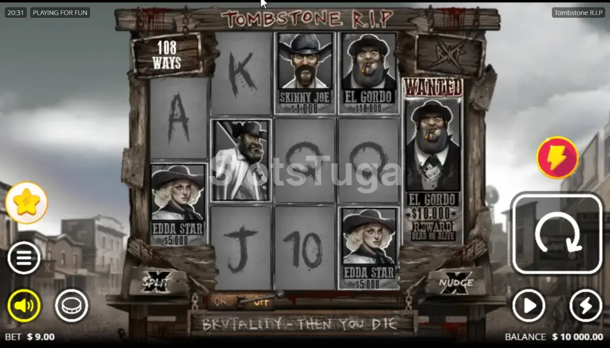 Tombstone R.I.P.: rolos em tons de cinzento com os bandidos Skinny Joe, El Gordo e Edda Star, o cartaz de procurado de El Gordo à direita e os botões xSplit e xNudge nas tábuas de madeira.